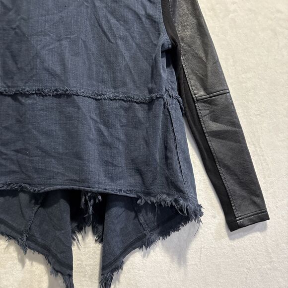 BlankNYC Drape Front Mixed Media Denim Vegan Leather Fringe Jacket Size Medium - Picture 10 of 15